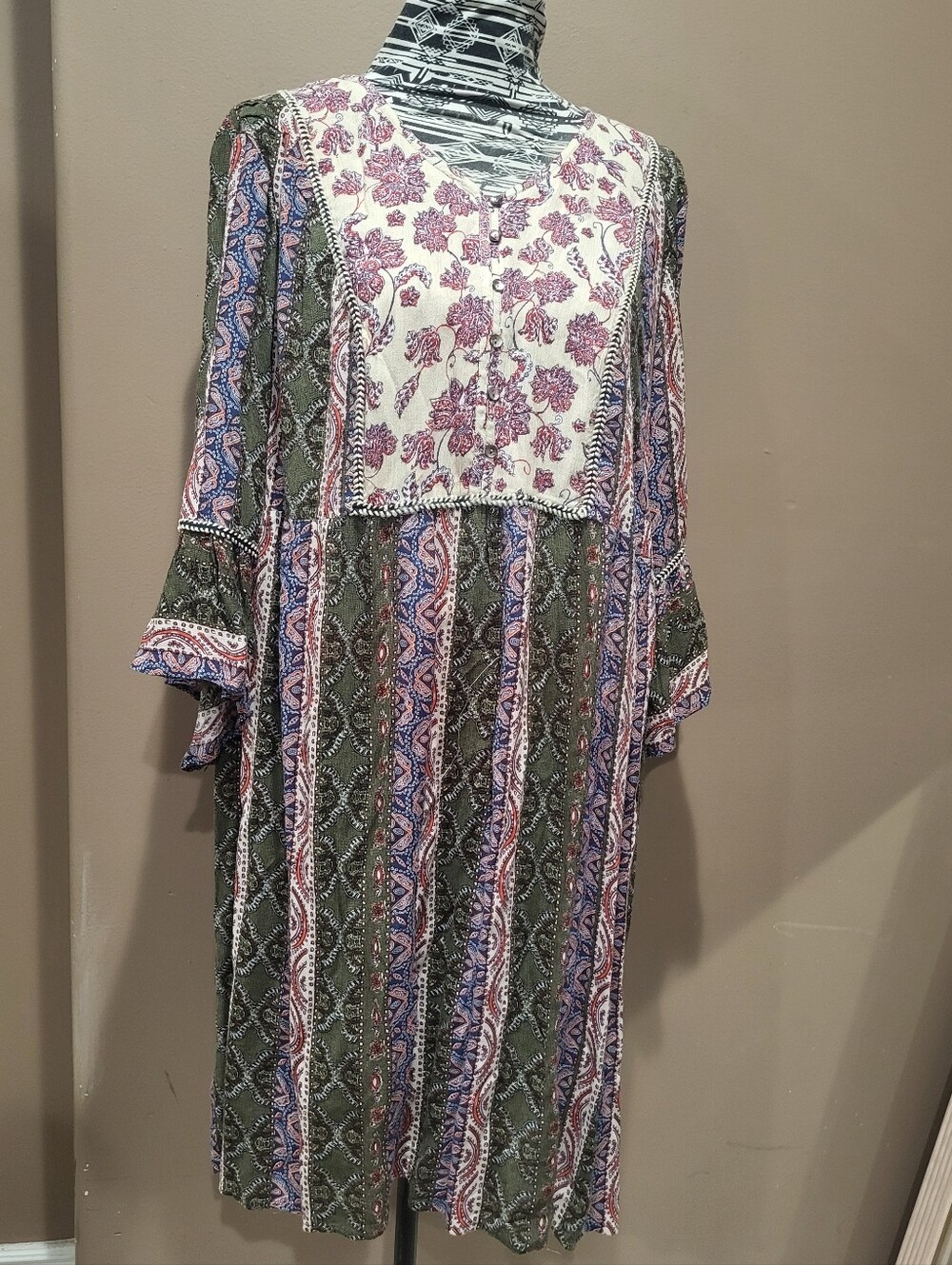 Boho Floral Patchwork Dress - Olive & Mauve - Picture 1 of 5